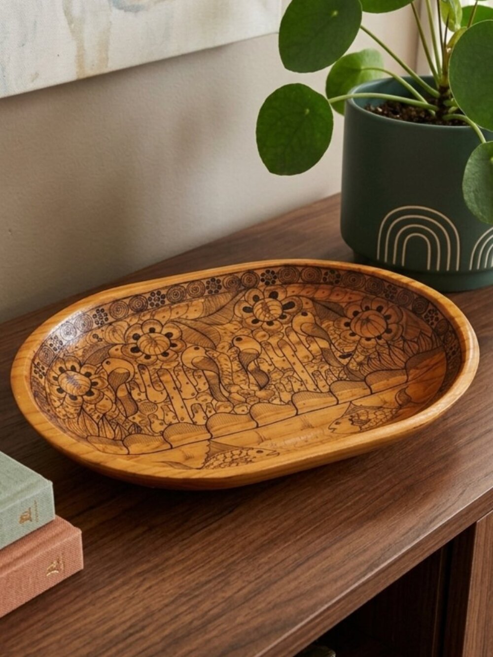 Hand Carved Wood Tray Vintage Folk Art bowl Floral Fish bird